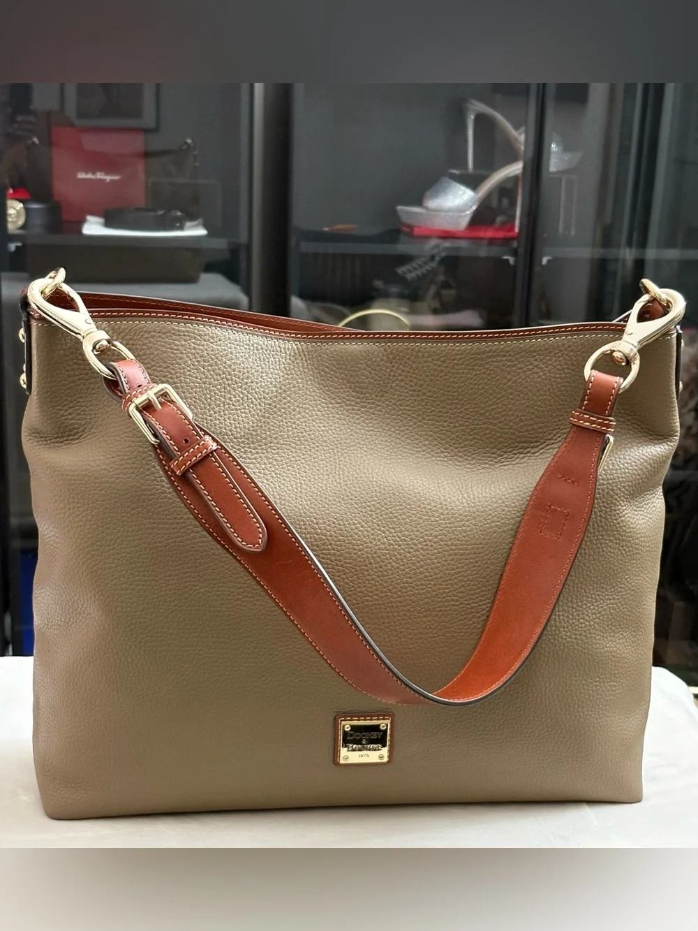 Dooney & Bourne Large Taupe Pebble Leather Hobo Handbag